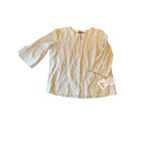 Ellen Tracy Womens Gold Stripe Linen Blend 3/4 Sleeve Top US L